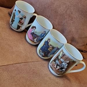 Norman Rockwell set of four coffee mugs Apple Bobbing, Back to School 1982